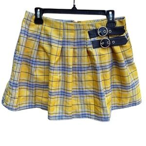 Womens Medium Mini Skirt Yellow Plaid Pleated Buckle 90s Style Twee Clueless